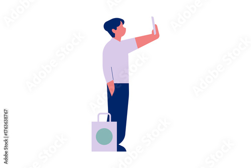 Person standing and using smartphone with shopping bag, representing online shopping, modern lifestyle, and digital consumer behavior.