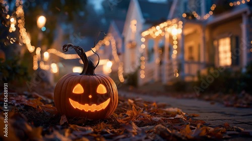 Smiling Jack-o'-Lantern with Halloween House Lights
