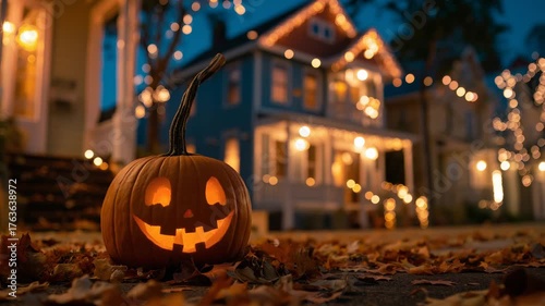Halloween Pumpkin on Sidewalk in Lit-Up Neighborhood
