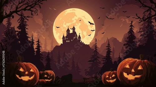 Haunted Castle and Pumpkins Under Full Moon
