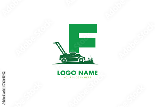 Letter F lawn care logo design with mower concept