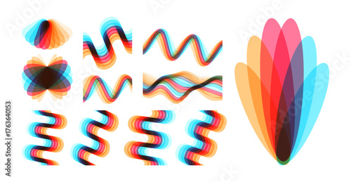 Set of shapes created from overlapping translucent elements. A wavy signal waveform. Abstract geometric design. Vector for brochure, banner, cover, postcard, flyer or presentation.