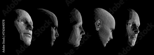 Human faces created from particles. Technology concept. Anonymous social masking. Cyber security. Black and white. Vector illustration.