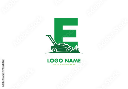 Letter E lawn care logo design with mower concept
