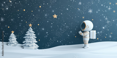 Astronaut, Stars and Christmas Tree in Snow. Christmas and New Year Background, copy space