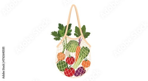 Reusable shopping bag filled with fresh organic vegetables.