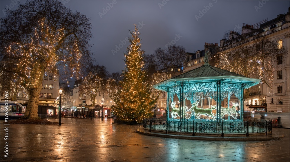 Fototapeta premium Festive Christmas in a City Square at Night with Lights, Tree and Bandstand Illumination