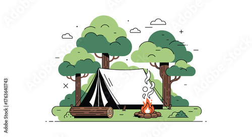 Camping adventure in the forest with tent and campfire.