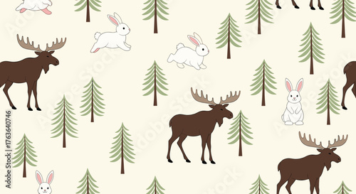Moose and Rabbits in a Forest Pattern.