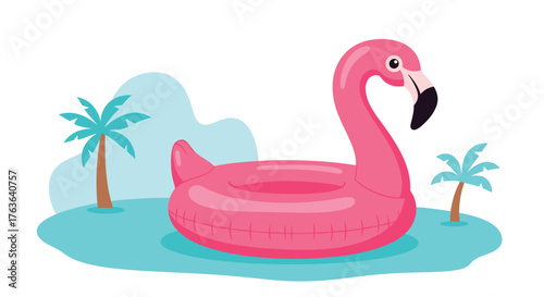 Pink flamingo pool floaty on a tropical island with palm trees.