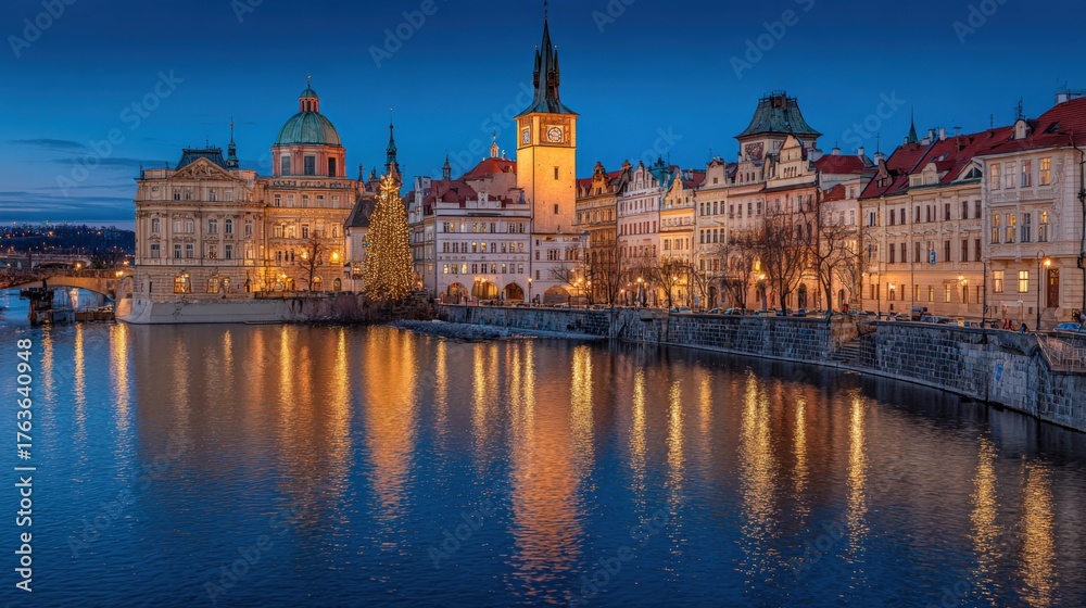 Fototapeta premium Scenic Prague Cityscape at Dusk Reflecting in Vltava River, Czech Republic, Featuring Historical Architecture