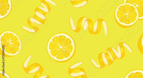Fresh lemon slices and peels on a vibrant yellow background.