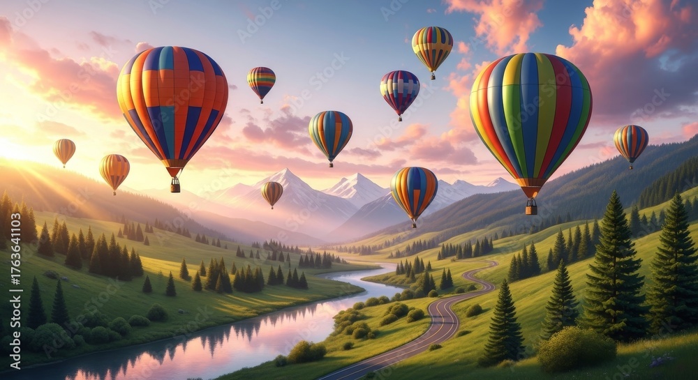 Obraz premium Colorful Hot Air Balloons over Green Hills and Snowy Mountains at Sunrise ,Scenic Landscape Vector Illustration in Warm Pastel Colors