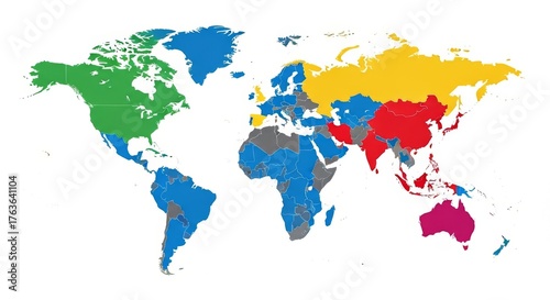 World Map Vector Illustration Simplified Global Continent Design with Distinct Bright Colors on White Background