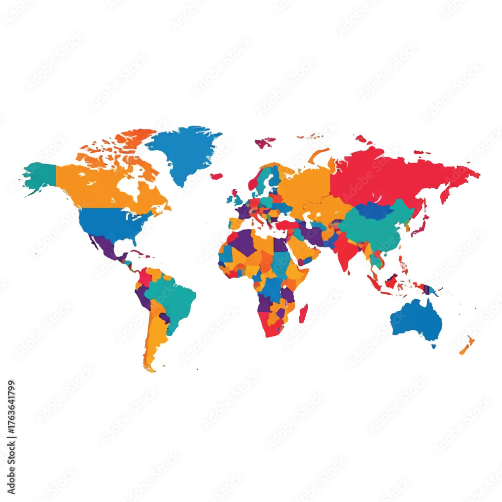 Fototapeta premium Colorful illustration of a world map with various countries in different bright colors on a white background.