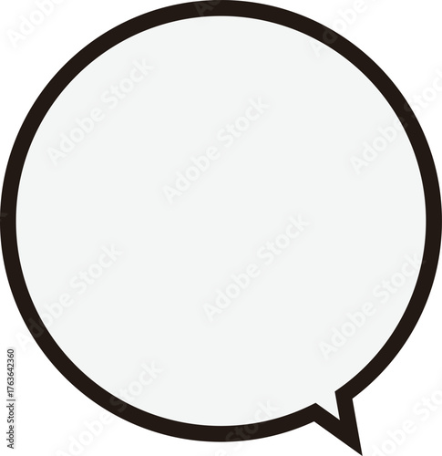 黒い縁の正円のふきだし。テキストスペースは薄いグレー。丸くて使いやすい。フキダシの先端は下にある。