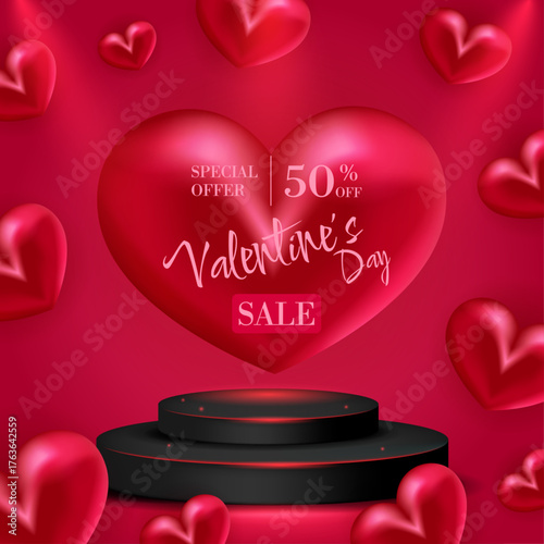 Valentine’s Day sale banner with 3D hearts and podium on red background, discount up to 50%. Perfect for romantic promotions, online shopping, and festive marketing designs.