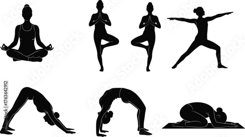 Set of Yoga Poses Silhouettes, Female Figure Exercise and Wellness Vector Collection, Health and Fitness Icons.