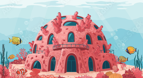 Futuristic coral reef dome habitat with colorful fish in a vibrant ocean environment