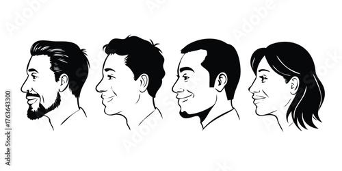 Black Outline Vector Portrait Set of Smiling People (Side Profile)