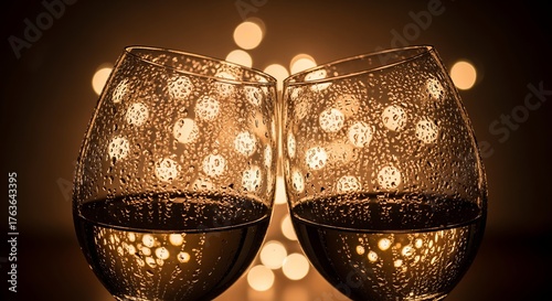 Two Frosted Wine Glasses with Bokeh Lights Background