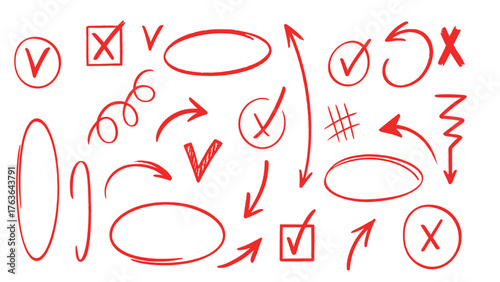 Hand drawn red marker arrows check marks crosses and circles set