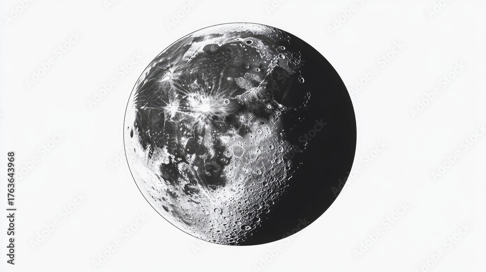 Naklejka premium Detailed Black and White Illustration of the Moon's Surface Features