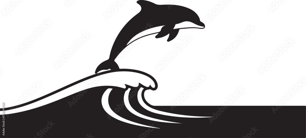 Fototapeta premium Minimalist Dolphin Jumping Over Wave – High Contrast Marine Life Vector Icon