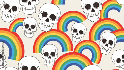 Colorful and Quirky Seamless Pattern: Cartoon Skulls and Rainbows on a Light Background