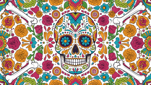 Día de los Muertos Sugar Skull Illustration with Colorful Floral and Bone Pattern