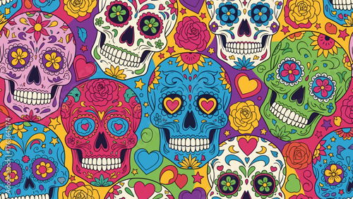 Vibrant Day of the Dead Sugar Skulls Seamless Pattern. Festive Calavera Background with Flowers and Hearts.