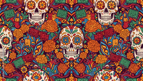 Vibrant Día de los Muertos Seamless Pattern with Ornate Sugar Skulls, Marigolds, and Traditional Mexican Folk Art Elements