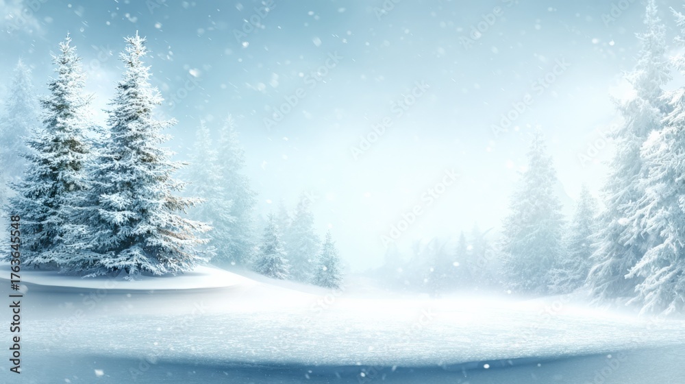 Fototapeta premium Serene Winter Landscape with Snow-Covered Trees and Gentle Snowfall, Creating a Peaceful Holiday Atmosphere