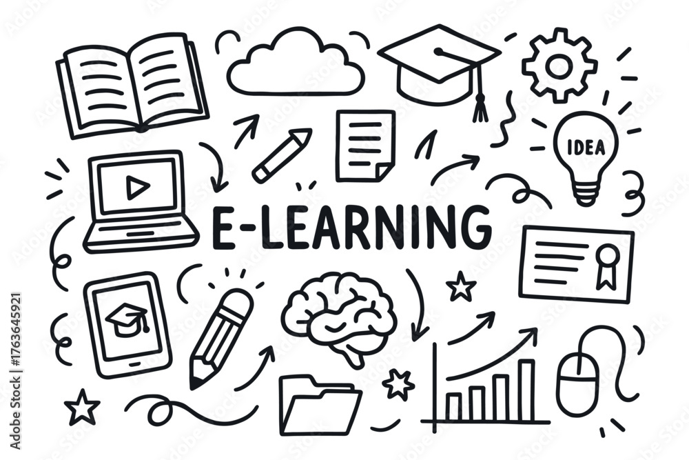 Fototapeta premium E-learning doodle with educational icons: laptop, graduation cap, cloud, brain, chart