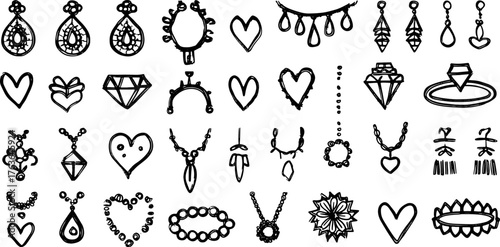 Jewelry drawing set. Hand-drawn silhouettes and outlines of earrings, necklaces, rings, and bracelets in a black vector illustration style.