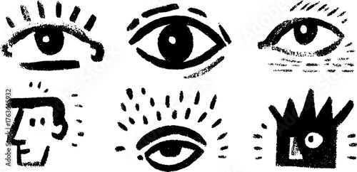 Black silhouette drawings of eyes and faces. Hand-drawn cartoon vector illustration set featuring simple outlines and expressive shapes.