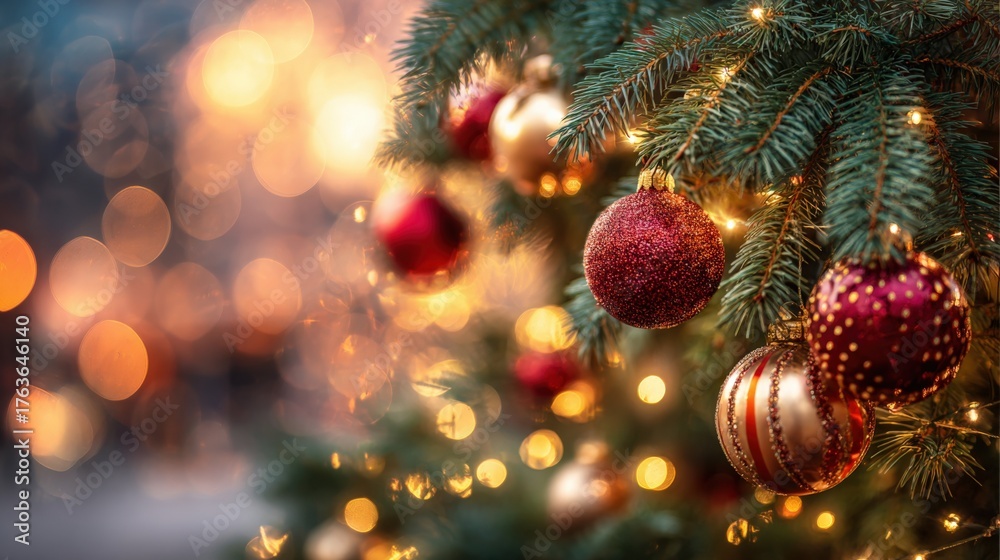 Fototapeta premium Festive Holiday: Close-up of a Christmas Tree with Red and Gold Baubles and Twinkling Fairy Lights