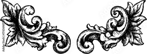 Elaborate floral design in black and white. Intricate vintage ornament set illustrating classic style and detailed craftsmanship in vector art.