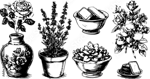 Vintage engraving of flowers in pots and bowls. Linear style features a variety of plants in decorative arrangements, ideal for home design in this vector illustration.