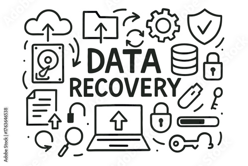 Data recovery concept with storage icons and security elements illustrated