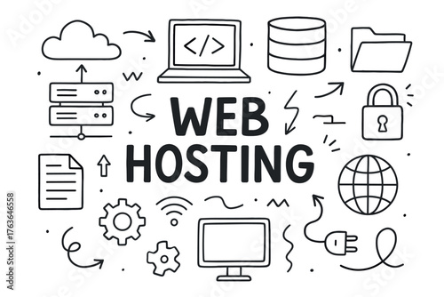 Web hosting concept with doodles of cloud storage, servers, and security icons