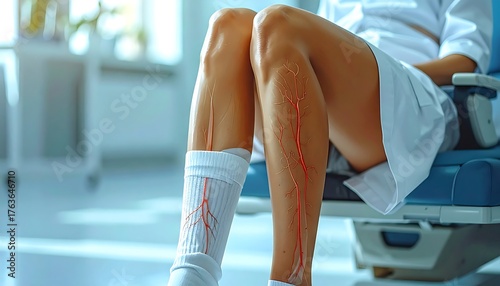 Anatomic view of a person's legs showing superficial veins. The person sits on a medical blue chair with their legs outstretched