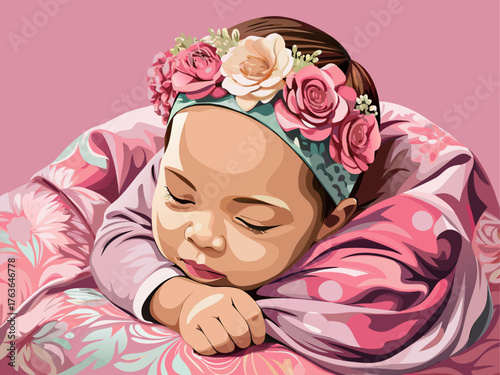 Realistic vector illustration of newborn baby girl wearing floral headband, sleeping on soft pink blanket, detailed skin texture and natural lighting