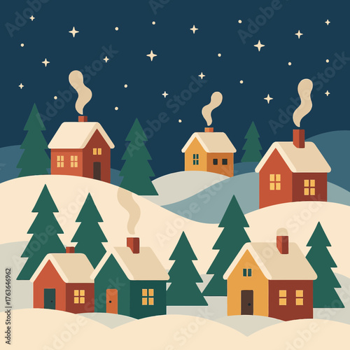 Snowy Village with Houses and Pine Trees Flat Vector Illustration