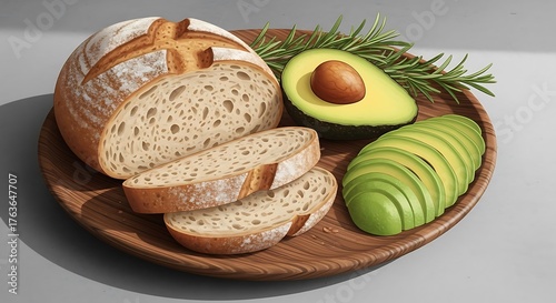 Artisan sourdough bread with sliced avocado and rosemary on a wooden plate