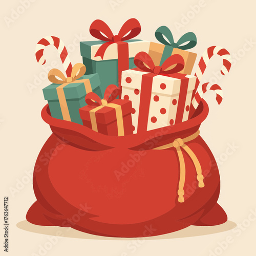 Santa's Gift Bag with Presents and Candy Canes Flat Vector Illustration
