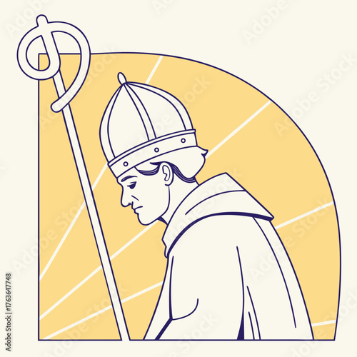 Symbolic illustration of a religious figure holding a staff in a stained-glass style frame