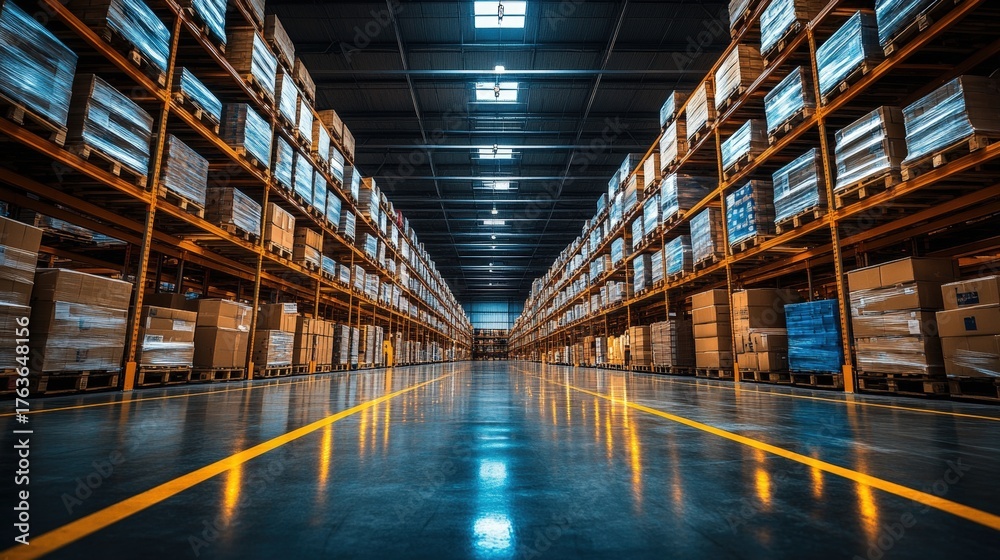 Obraz premium A vast warehouse filled with neatly stacked pallets, illuminated by overhead lights, showcasing organized storage with a polished floor.