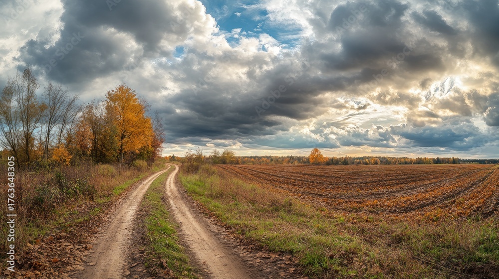 Naklejka premium Serene Country Road Through Autumn Landscape with Dramatic Skies