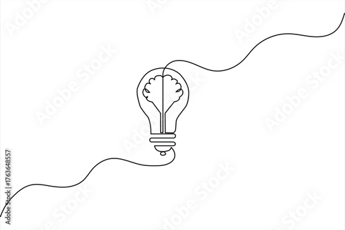 Light bulb with brain inside, continuous line drawing, creative thinking concept